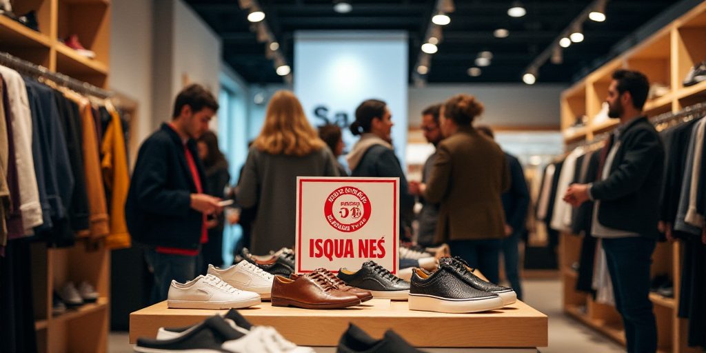 a group of people standing around a store with shoes on display in front of them and a sale sign, Ce