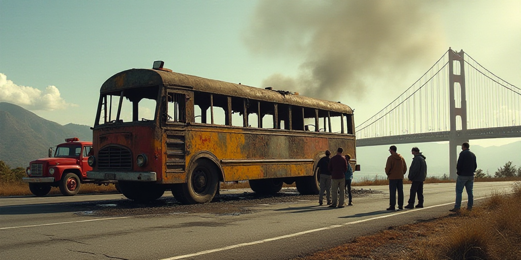 a group of people standing around a burnt out bus on a road with a bridge in the background and a fi