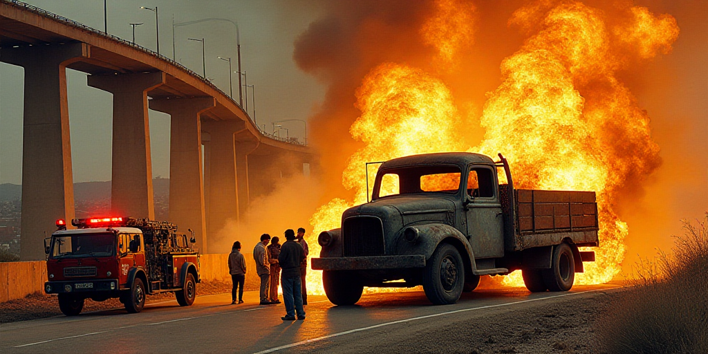 a group of people standing around a burnt out truck on a road with a bridge in the background and a