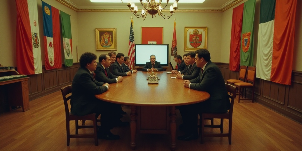 a group of people standing around a wooden table in a room with flags on the walls and a tv on the w