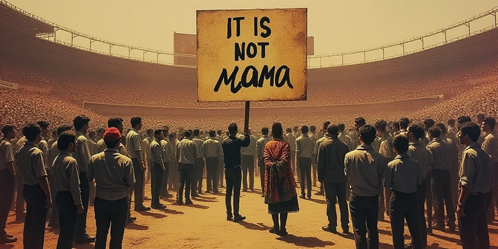 a group of people standing around each other in a stadium with a man holding a sign that says it is
