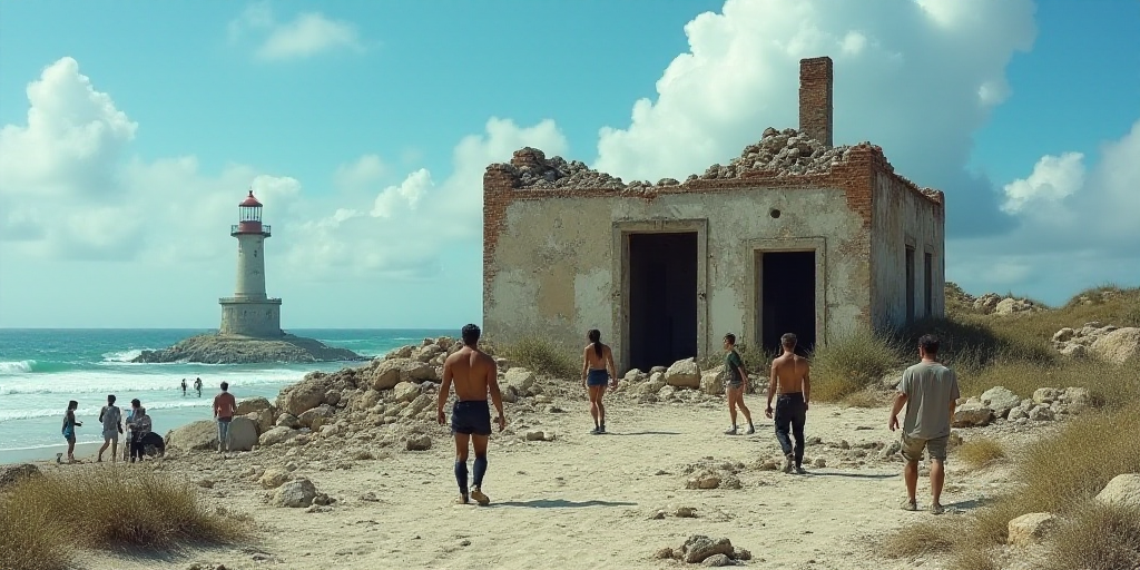 a group of people standing around a destroyed building near the ocean and a lighthouse in the distan