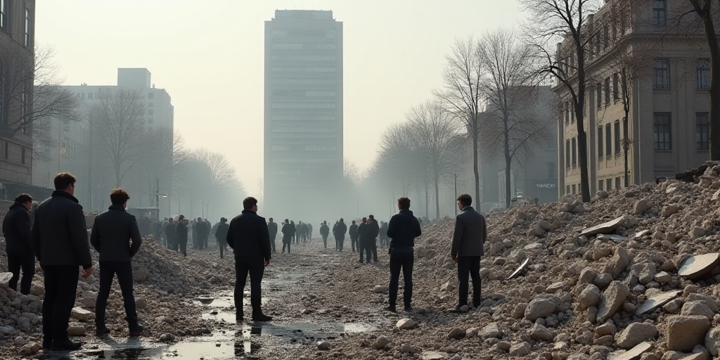a group of people standing around a pile of rubble in a city with a tall building in the background,