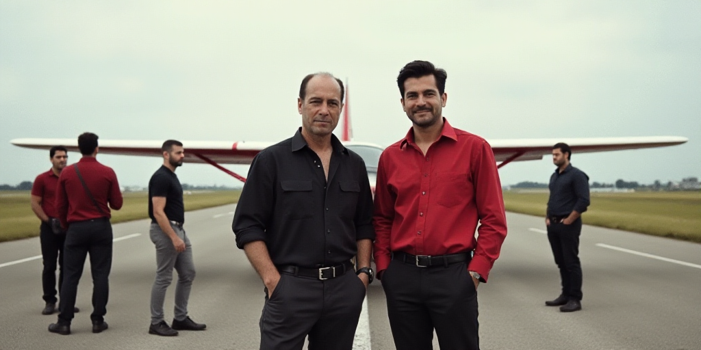 a group of people standing around a small plane on a runway with a man in a black shirt and a man in