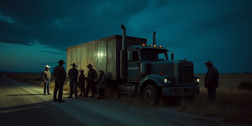 a group of people standing around a wrecked truck at night time with a man in a cowboy hat standing