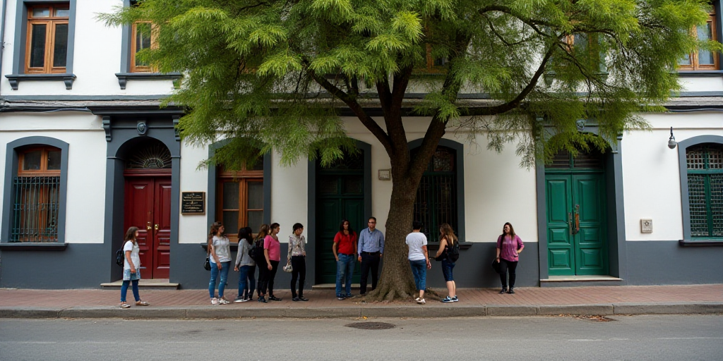 a group of people standing around a tree in front of a building with windows and doors on the side o
