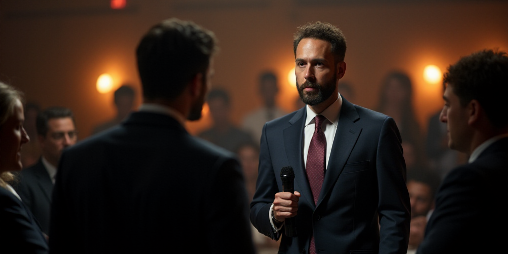 a group of people standing around each other in a room with a microphone in their hand and a man in