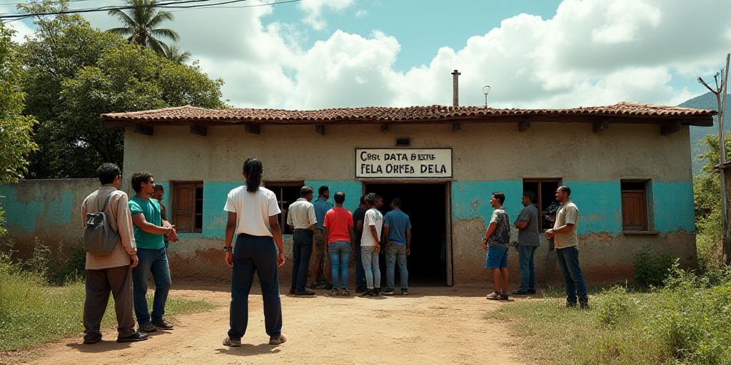 a group of people standing around a building with a sign in front of it that says planta dala, Carpo