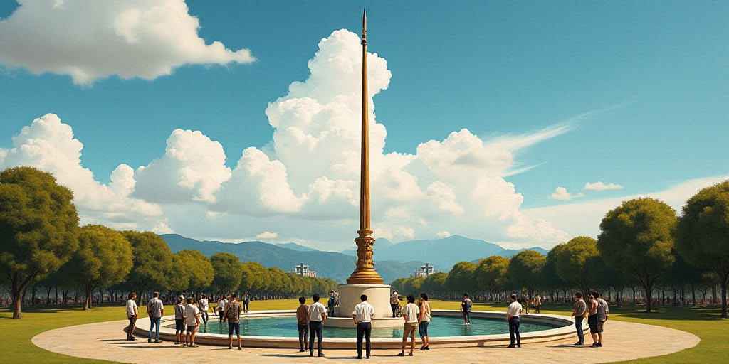 a group of people standing around a flag pole in a park with a sky background and clouds in the sky,