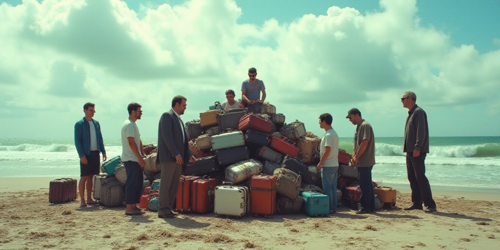 a group of people standing around a pile of luggage on a beach with a sky background and clouds in t