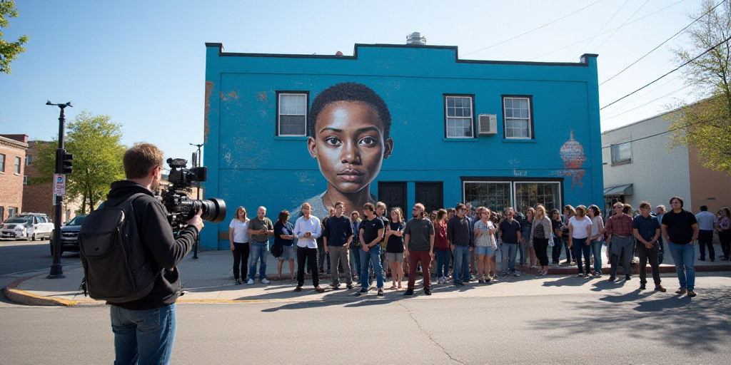 a group of people standing around a blue building with a mural on it's side and a camera man in fron
