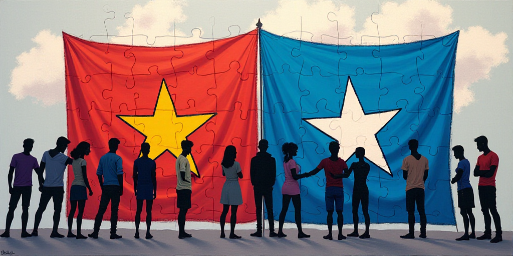 a group of people standing around a flag with a star on it's side and a blue flag with a white star