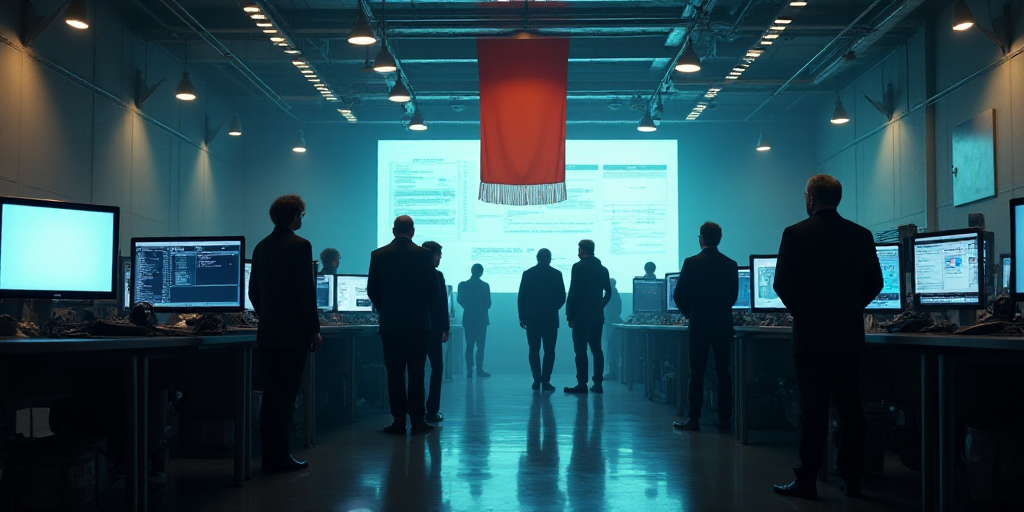 a group of people standing around a room with a lot of monitors on the wall and a flag hanging from