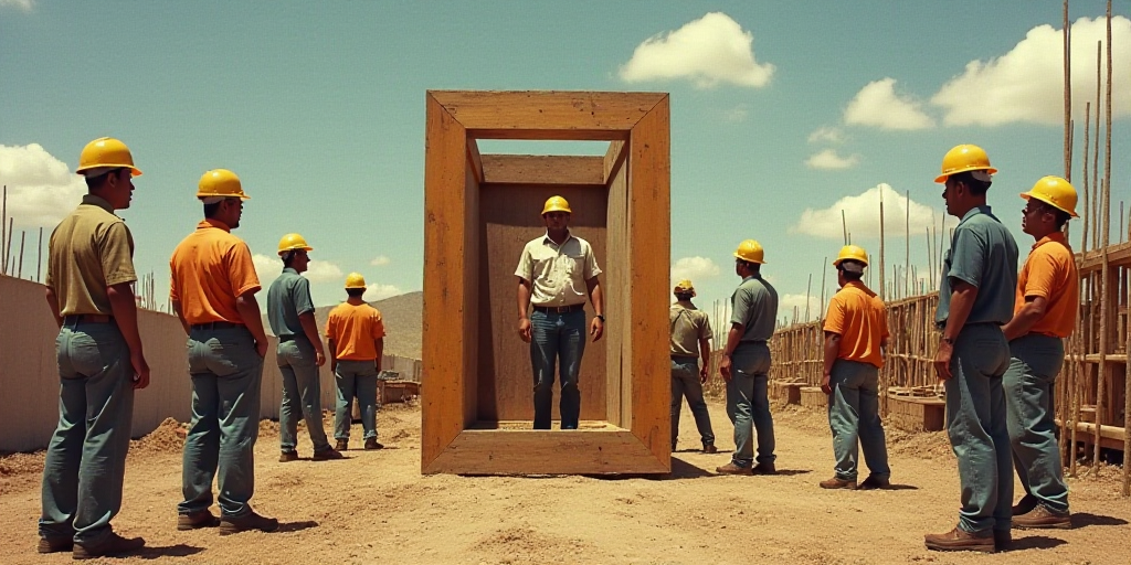a group of people standing around a wooden structure on a construction site with a man in a hard hat