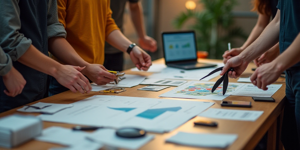 a group of people standing around a table with papers and scissors in their hands and a laptop in th