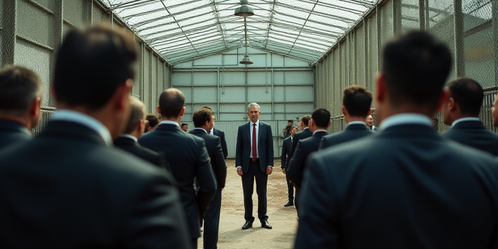 a group of people standing around a caged area with a man in a suit talking to them and a man in a s