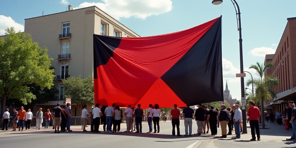 a group of people standing around a giant red and black banner on a street corner with a building in