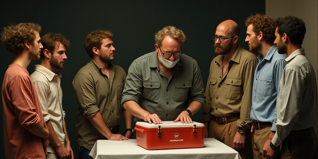 a group of people standing around a table with a cooler on it's side and a man in a medical mask, Aq