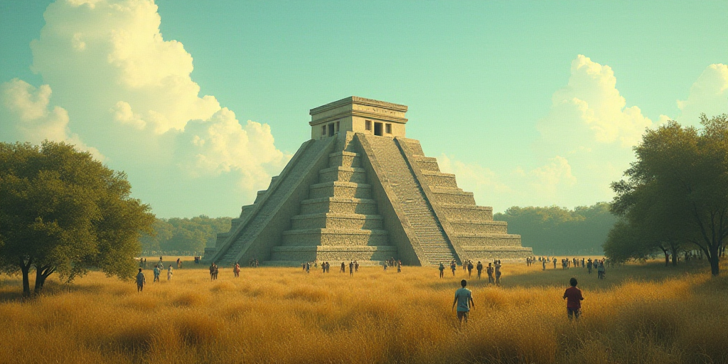 a group of people standing around a large pyramid in a field of grass and trees with a sky backgroun