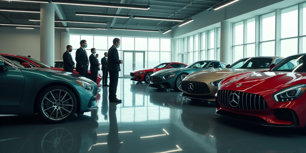 a group of people standing around a car showroom with cars on display and people wearing masks on th