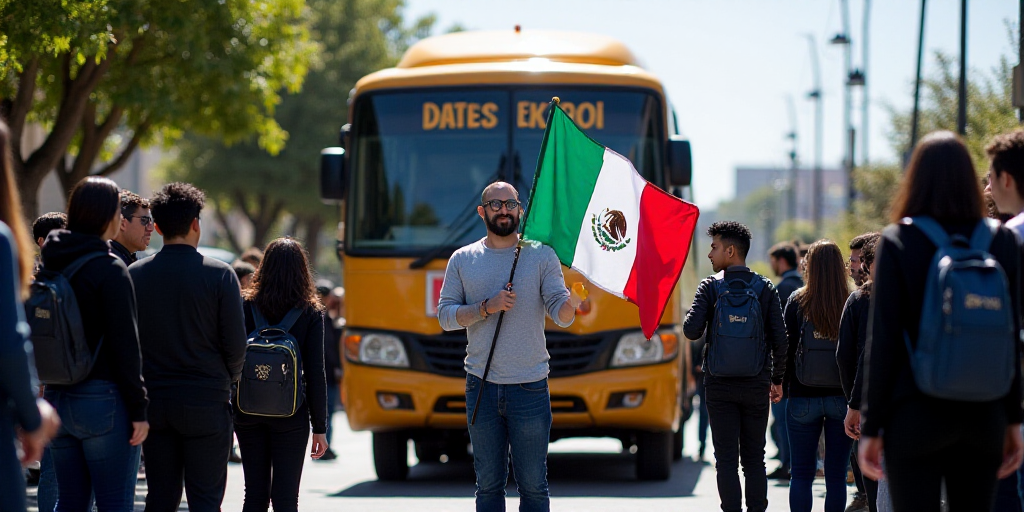 a group of people standing around a mexican flag in front of a bus with a man holding a mexican flag
