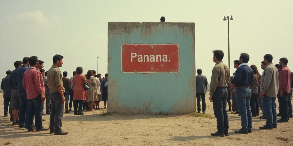 a group of people standing around a cement block with a sign on it that says panana on it, Antonie P