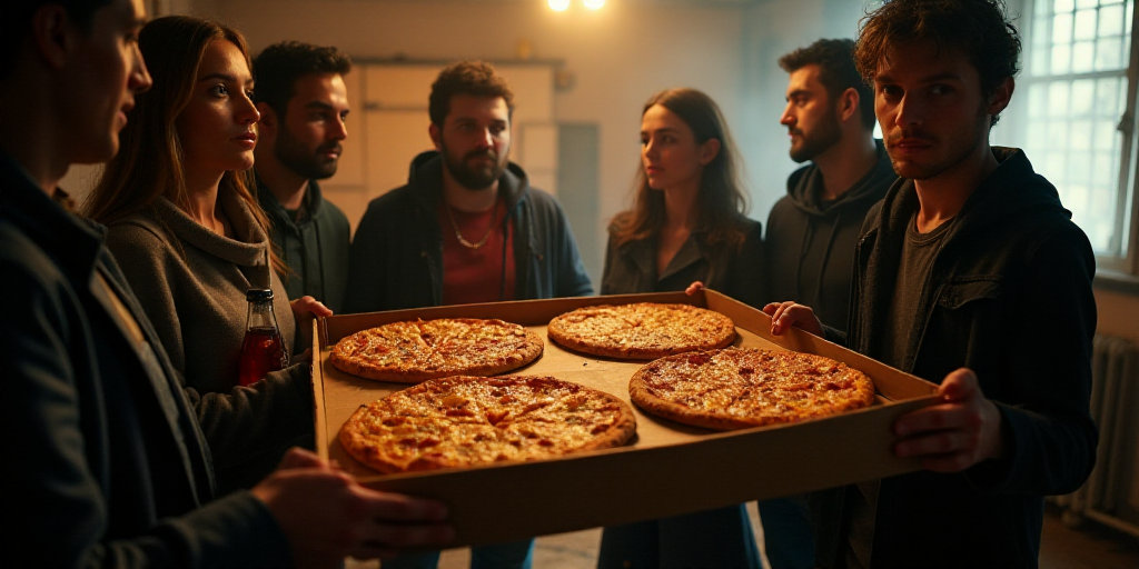 a group of people standing around a room together holding a box of pizzas and a drink bottle of soda