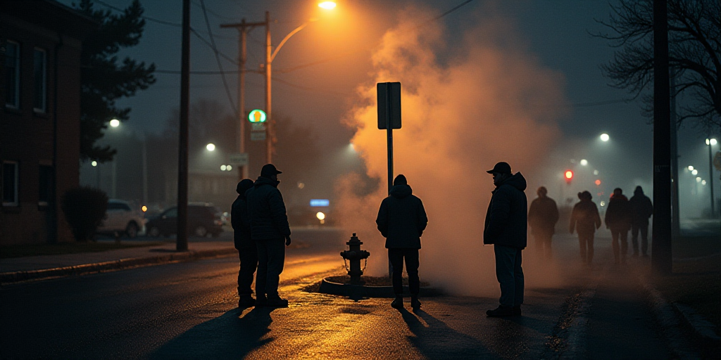 a group of people standing around a fire hydrant on a street at night with smoke coming from the gro