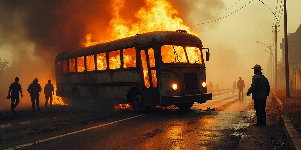 a group of people standing around a burnt bus on a road with a fireman standing next to it, David Al