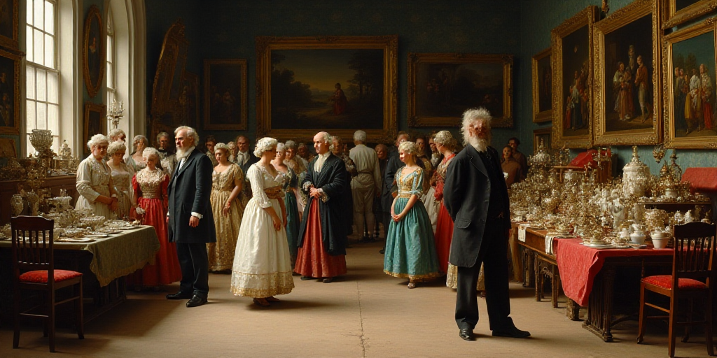a group of people standing around a store with lots of items on display on tables and chairs in fron