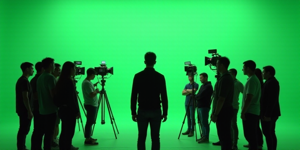 a group of people standing around a green screen with cameras on it and a man standing in front of t