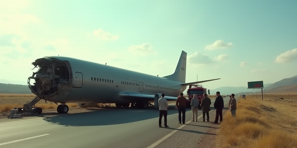 a group of people standing around a wrecked airplane on a road with a truck in the background and a