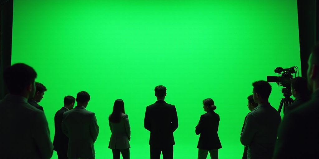 a group of people standing around a green screen with cameras on it and a man standing in front of t
