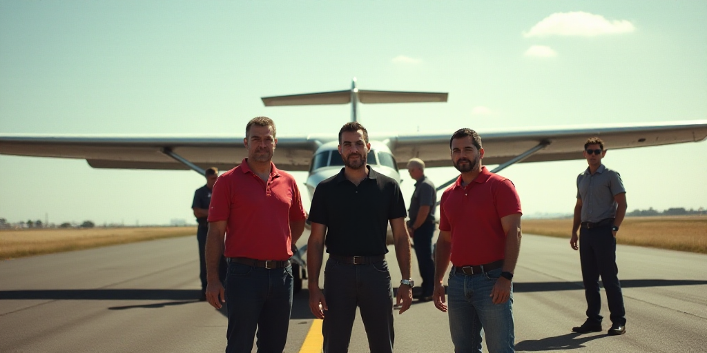 a group of people standing around a small plane on a runway with a man in a black shirt and a man in