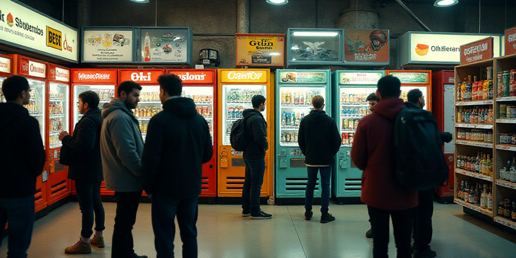 a group of people standing around a store filled with items and vending machines with people standin