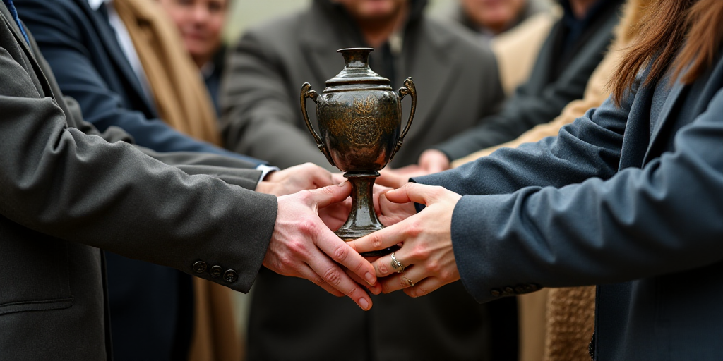 a group of people standing around each other holding a trophy in their hands and clapping hands with