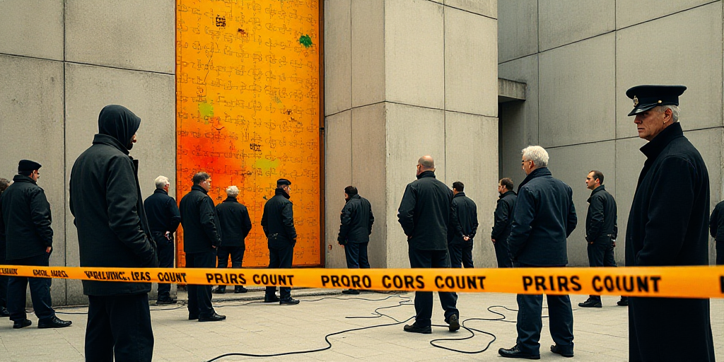 a group of people standing around a building with a police cord in front of them and a police tape,