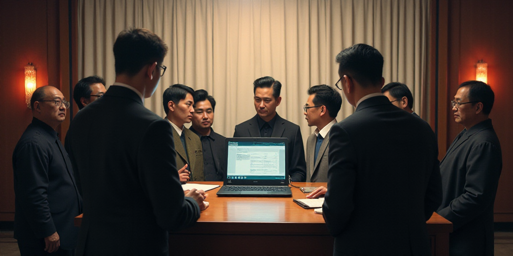 a group of people standing around a laptop computer in a room with people looking at it and talking