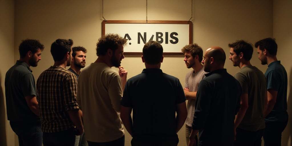 a group of people standing around each other in a room with a sign on the wall behind them that says