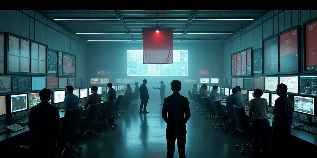 a group of people standing around a room with a lot of monitors on the wall and a flag hanging from