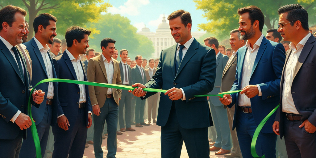 a group of people standing behind a green ribbon cutting a ribbon at a ribbon cutting ceremony in fr