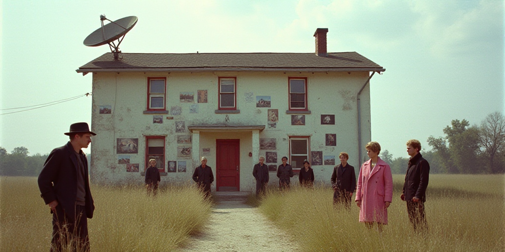 a group of people standing in front of a building with a wall of pictures on it and a satellite dish