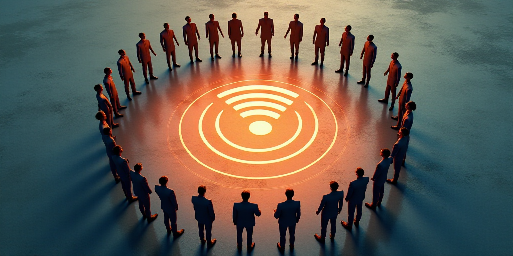 a group of people standing in a circle with a wifi symbol on it's center of the circle, Évariste Vi