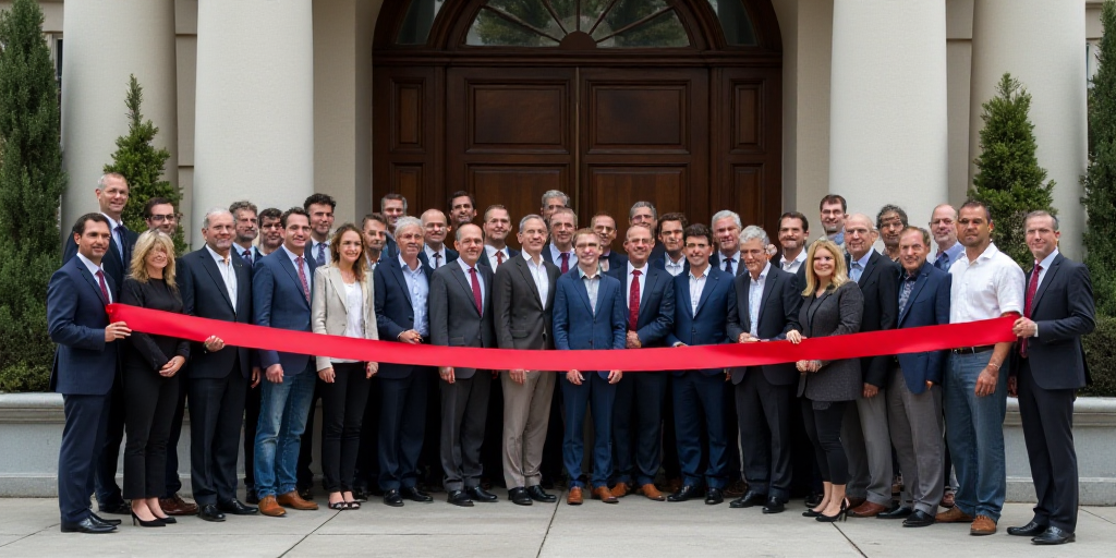 a group of people standing in front of a building holding a ribbon with a ribbon in front of them, E