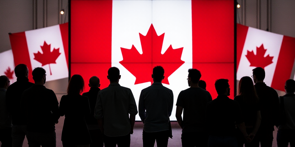 a group of people standing in front of a canadian flag banner and a canadian flag behind them with c