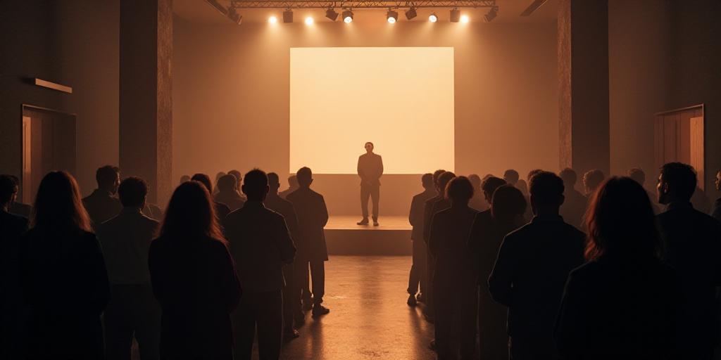 a group of people standing in a room with a speaker in the center of the room and a speaker in the m
