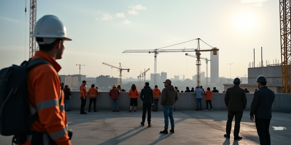 a group of people standing in front of a construction site with a crane in the background and a cons