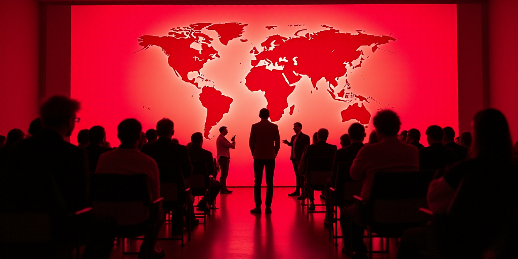 a group of people standing in front of a mappre sign in a conference room with a red background, Edu