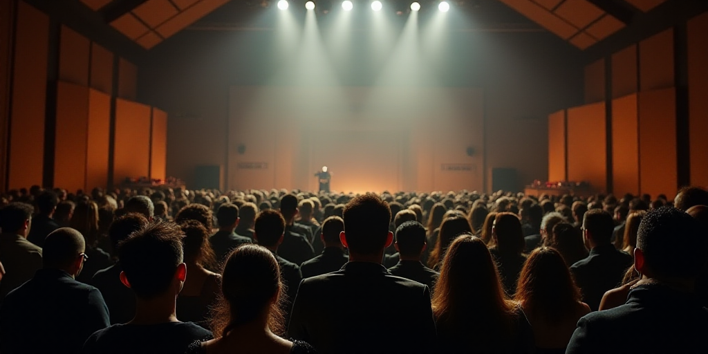 a group of people standing in a room with a stage in the background and a crowd of people standing i
