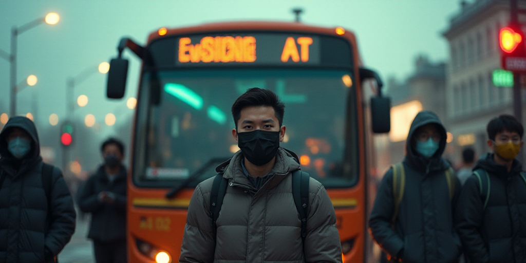 a group of people standing in front of a bus wearing face masks and standing in front of a bus, Elbr